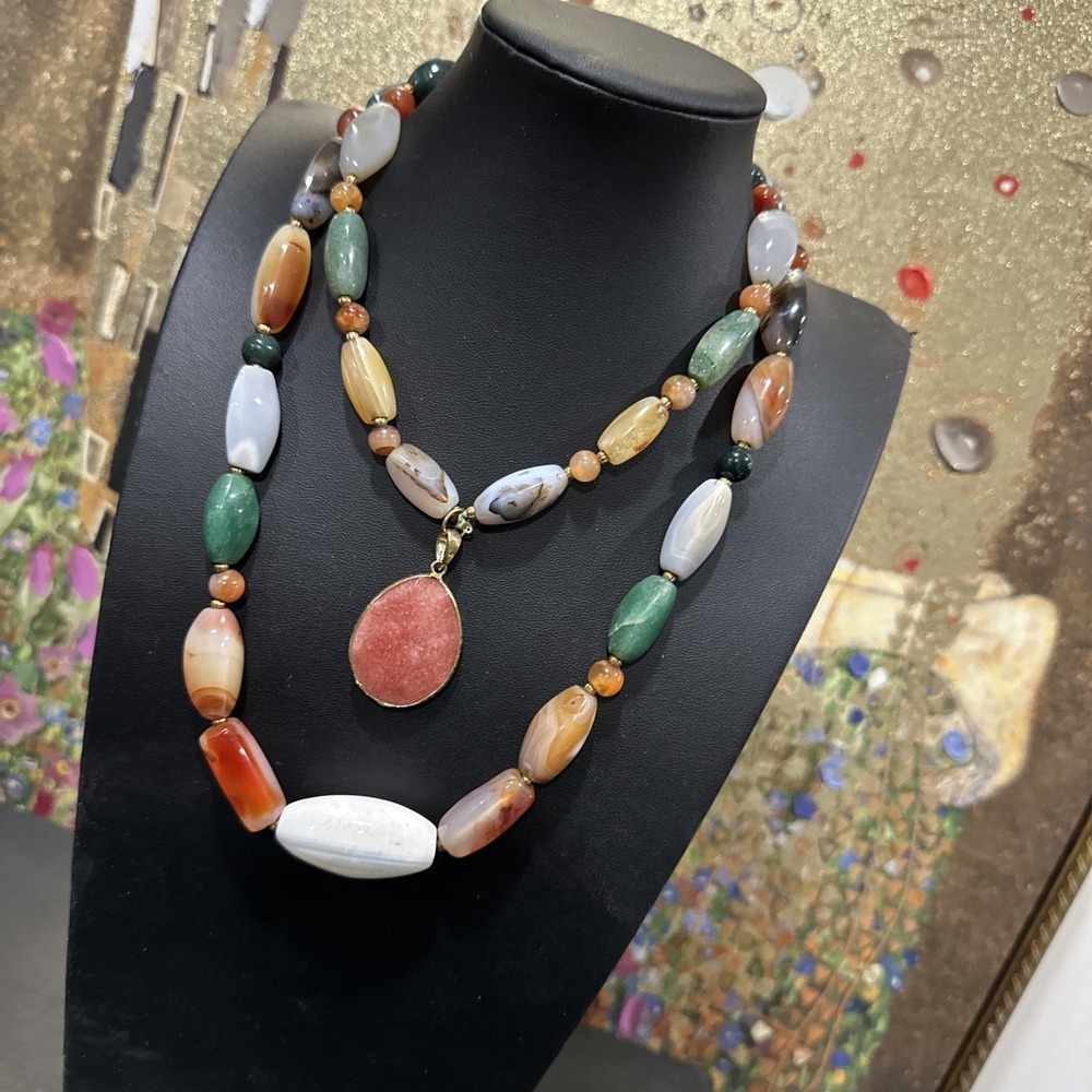 Single Strand Multi Natural Stones Begger Beads Necklace Chunky Statement 36"
